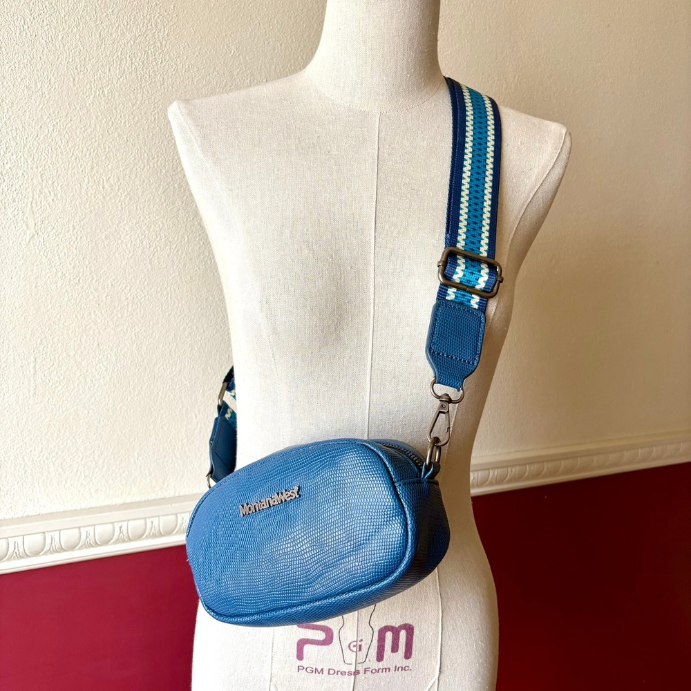 Montana West‎ Blue Lizard Embossed Crossbody Bag Woven Stripe Guitar Strap Logo - Picture 2 of 13